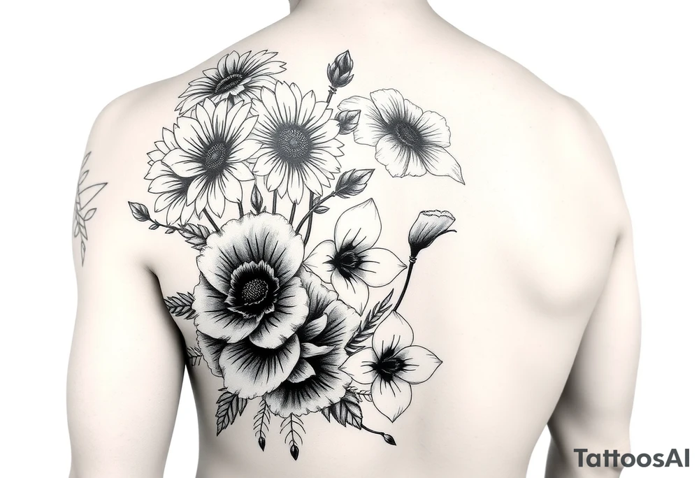 Half sleeve of Dark gothic florals with daisies, poppies,  white narcissus, sweet peas and gladiolus tattoo idea