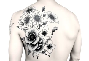Half sleeve of Dark gothic florals with daisies, poppies,  white narcissus, sweet peas and gladiolus tattoo idea