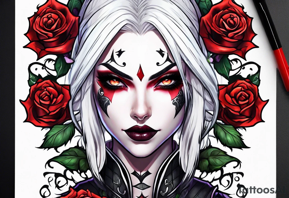night elf demon hunter designed like harley quin with white hair and roses tattoo idea
