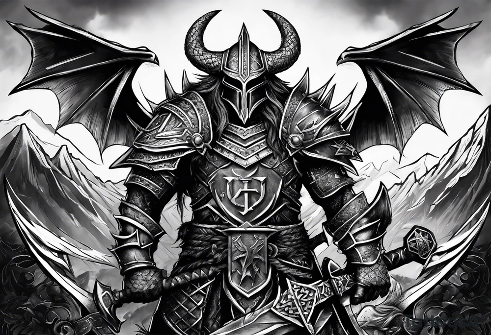 Valhalla sword shield dragon axe Valknut barbed wire chains tattoo idea