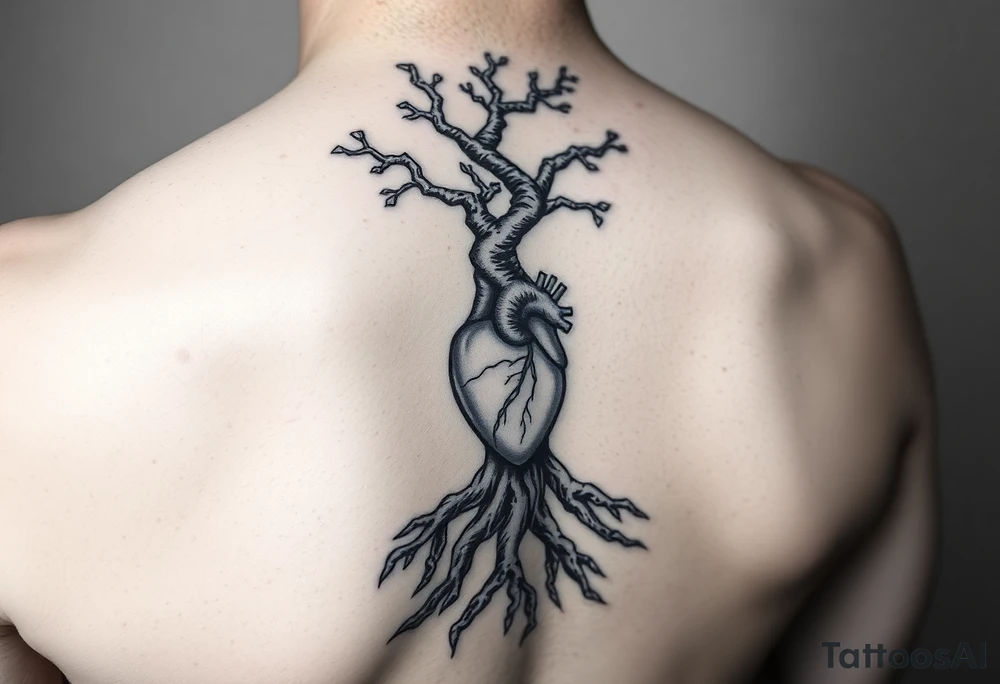 DNA tree trunk with roots and anatomical heart inside the roots tattoo idea