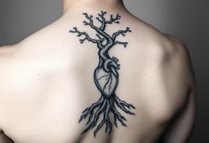 DNA tree trunk with roots and anatomical heart inside the roots tattoo idea