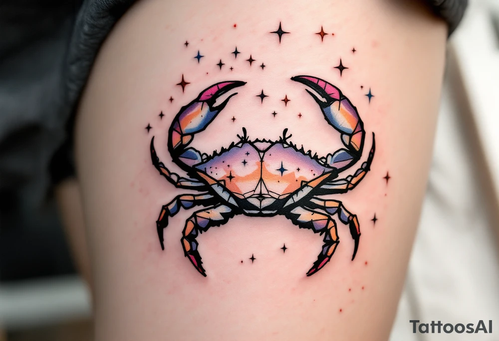 A tiny crab outlined in black anchors the Cancer star constellation traced in twinkling pastel stars. tattoo idea