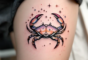A tiny crab outlined in black anchors the Cancer star constellation traced in twinkling pastel stars. tattoo idea