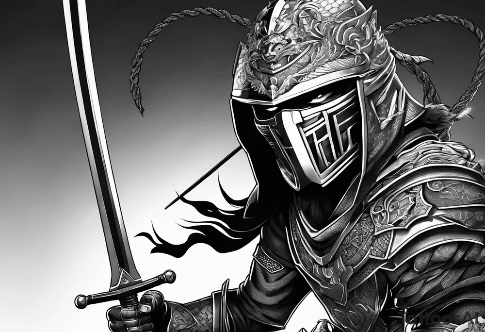 Angry Male Modern robot ninja with demon mask with swords in hands tattoo idea