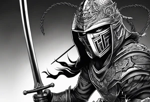Angry Male Modern robot ninja with demon mask with swords in hands tattoo idea