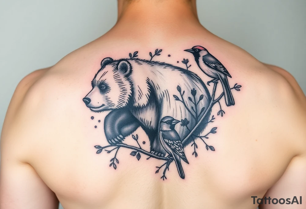 Woodland with a bear, woodpecker and cardinal tattoo idea