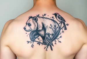 Woodland with a bear, woodpecker and cardinal tattoo idea