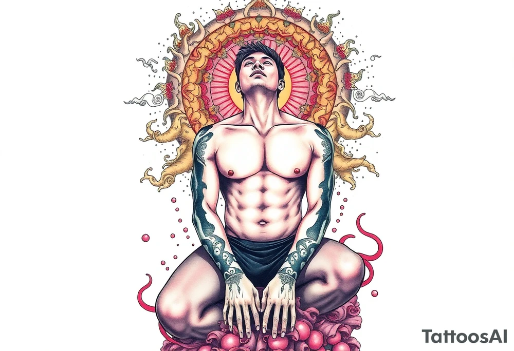 Handsome Asian young guy is standing on his knees and looking down tattoo idea