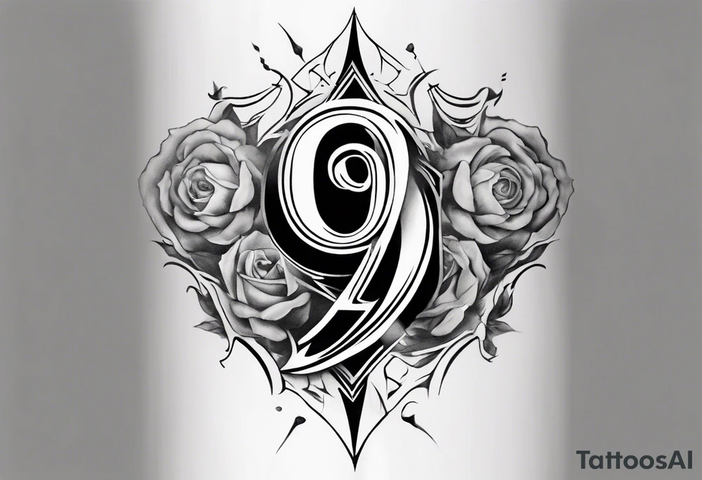 number 9 right side up and upside down connected tattoo black and grey on inside forearm 9:16 aspect ratio tattoo idea