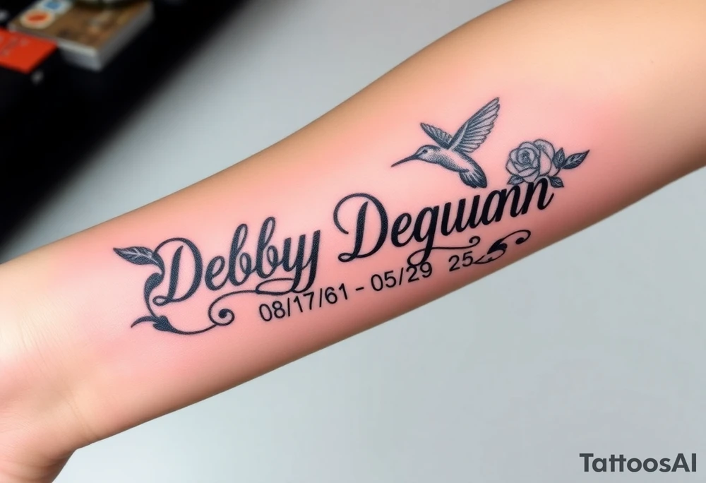 Tattoo of the exact name Debby Deguzman in chunky bold curly cursive with the exact dates of 08/17/61-05/29/25 surrounded by 1 hummingbird and 1 rose tattoo idea