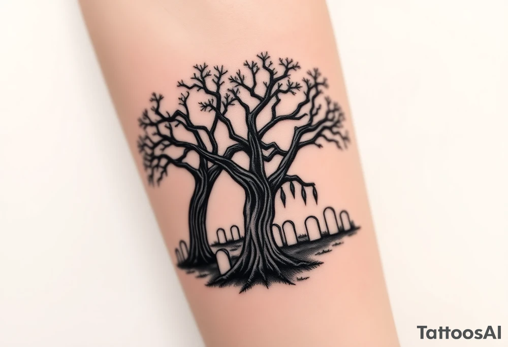 2 Oak trees with Spanish moss in a cemetery tattoo idea
