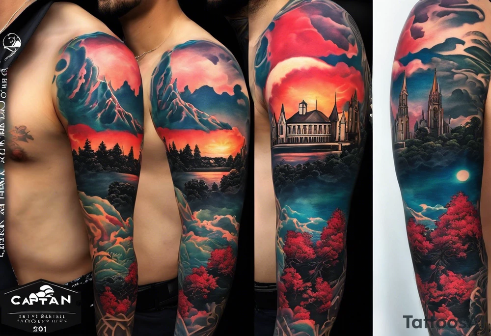 Full arm sleeve with multiple elements blended together. I want the Duke university chapel , cherry tree elements , red clouds from akatski , naruto or sauske , Atl skyline and captain tattoo idea