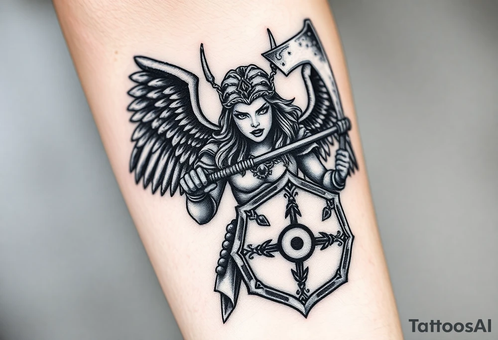 A fierce looking Valkyrie with very big dark wings. She's wielding a menacing axe and a sturdy shield with a vegvisir symbol.

Her face is really attractive but screaming with battle rage.

She's heavily armored and ready for battle tattoo idea