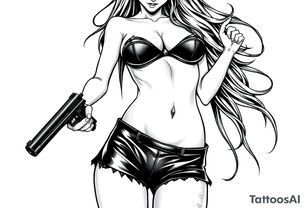 naked girl, slut, anime, holding gun, black, leather bikini, angry tattoo idea