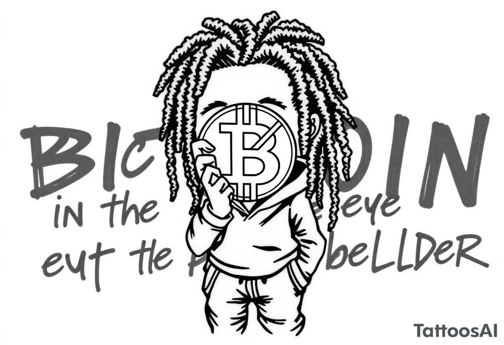 Create a tattoo stencil Use a street-art / pop-art vibe with a cartoon figure with dreadlocs holding a bitcoin to cover his eyes have bold lines, “x” for eyes. make them have on a hoodie and jogger sweatpants have in the background in graffiti letters “bitcoin is in the eye of the beholder” tattoo idea