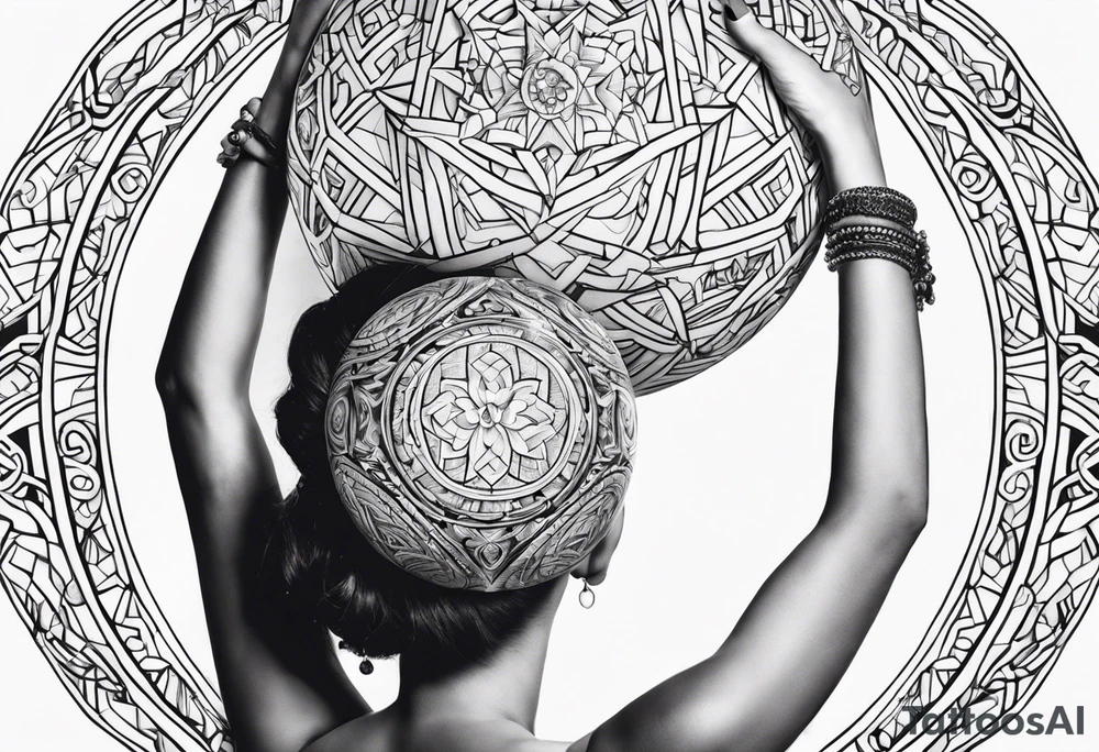 Woman holding orb of divinity directly over her head tattoo idea