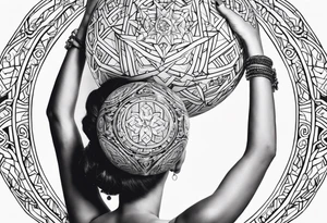 Woman holding orb of divinity directly over her head tattoo idea