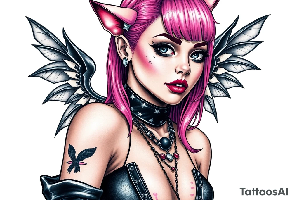 hot goth girl with puppy ears and with piercings on face and big boobs and big butt full body 
 with black outfit on with pink hair tattoo idea