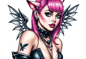 hot goth girl with puppy ears and with piercings on face and big boobs and big butt full body 
 with black outfit on with pink hair tattoo idea