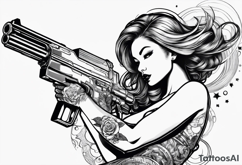 Pinup woman holding laser gun in space tattoo idea