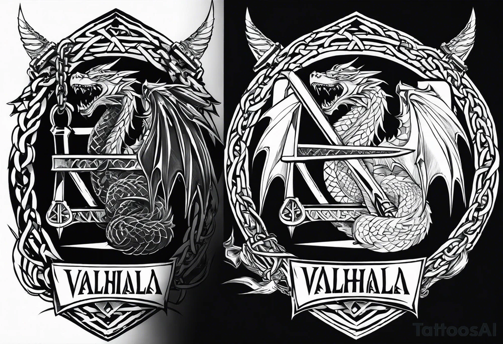 Valhalla sword shield dragon axe Valknut barbed wire chains fire tattoo idea