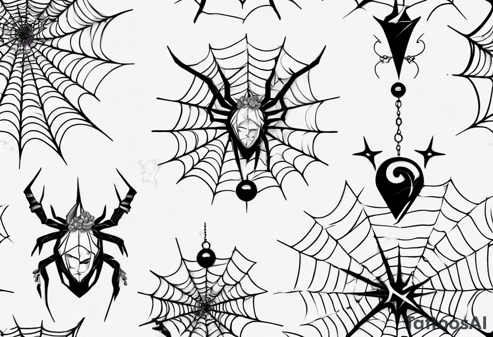 Spider in a spiral spiderweb with jewels and shattered chalices and spiral unicorn horn. tattoo idea