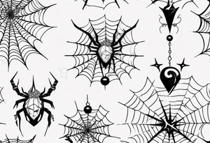 Spider in a spiral spiderweb with jewels and shattered chalices and spiral unicorn horn. tattoo idea