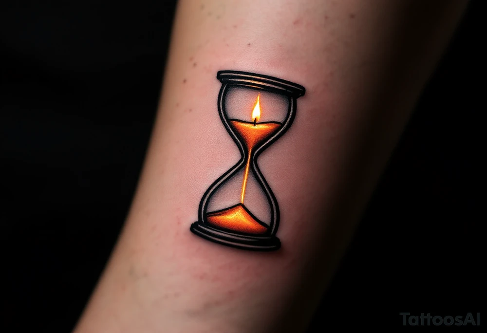 A candlelit hourglass, with melted wax forming numbers, glowing warmly against a dark background. tattoo idea