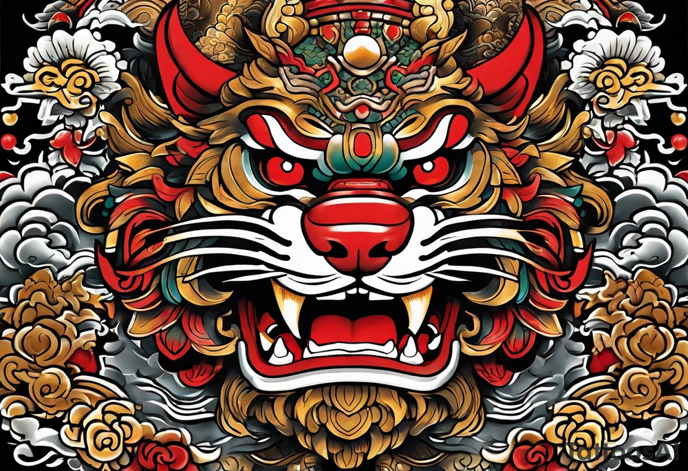 Double pectoral chest piece, of traditional Okinawa shisa. On one side is the male with his mouth open, and the other side, the female with her mouth closed. tattoo idea