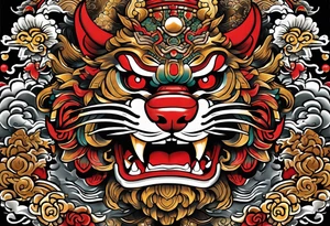Double pectoral chest piece, of traditional Okinawa shisa. On one side is the male with his mouth open, and the other side, the female with her mouth closed. tattoo idea