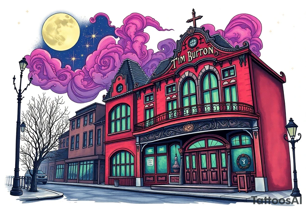 Tim Burton’s old victorian theatre from outside view is the street abandoned and dripping with muted reds, dusty pinks, and eerie green glow purple and cyan smokey clouds swirl and dance in the moonlit night sky filled with twinkling stars  tattoo idea tattoo idea
