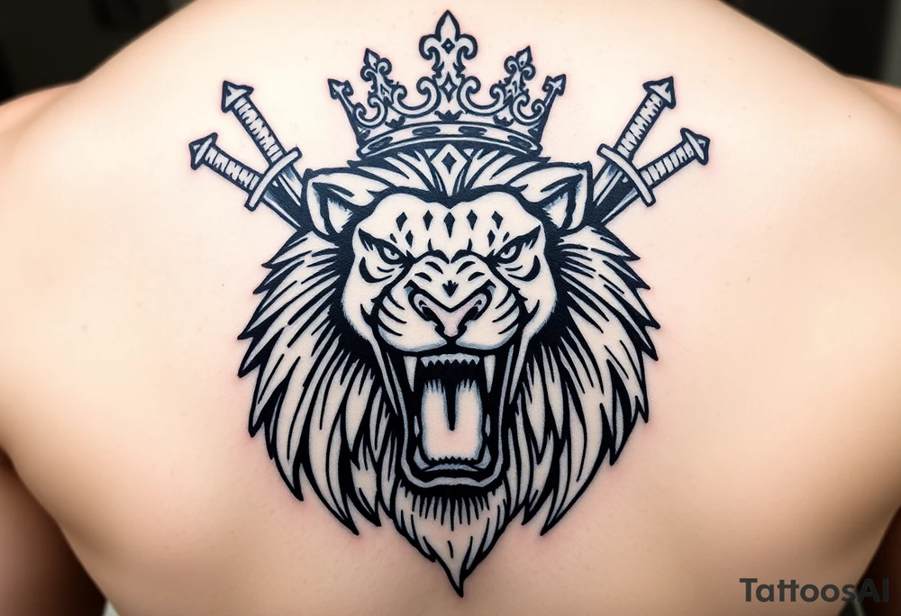 Fierce lion roaring, crown tilted, crossed swords framing its head. tattoo idea