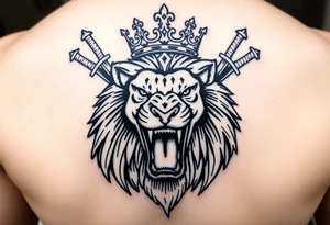 Fierce lion roaring, crown tilted, crossed swords framing its head. tattoo idea