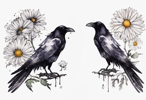 a raven with a small white chrysanthemum on its head tattoo idea
