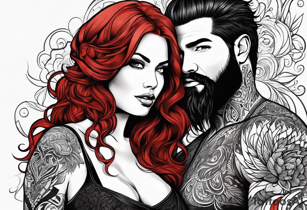 Busty red haired woman with a bearded man who has black hair tattoo idea