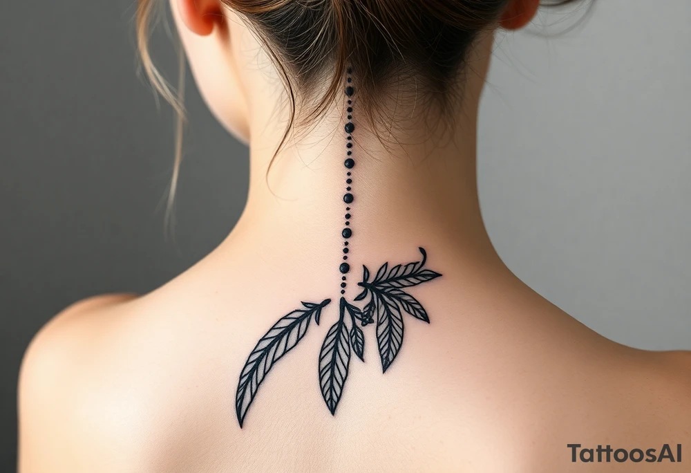 Thin spinal tattoo following down the spine in a native style with multiple different lengths flowing lines made of a discreet connection of morse code ".--- .- --.     .-.. ... -.- .- .-.   -.. .. --.     .-.. .. .-.. .-.. . -... .-. --- .-. connected to flowing feathers tattoo idea