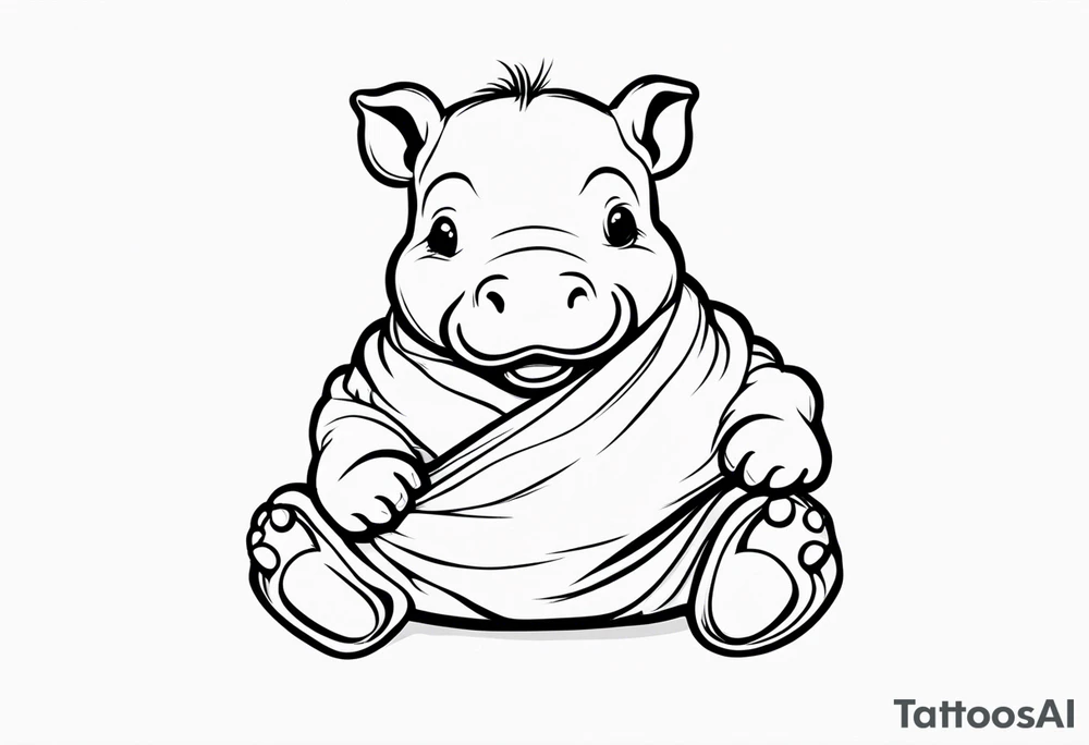 Baby hippopotamus wrapped in a swaddle and holding a pacifier tattoo idea