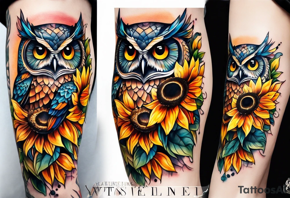 Leg sleeve with colorful sunflowers and an owl tattoo idea