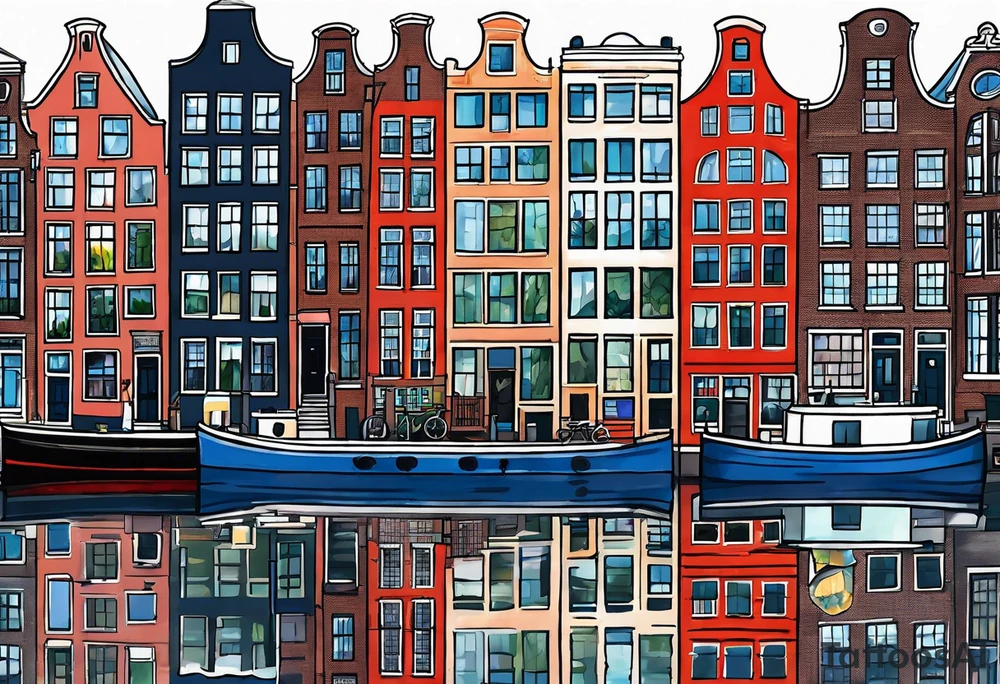 Amsterdam houses and Amsterdam canal featuring wildlife and birds made of glass in Amsterdam canal in space with pineapples tattoo idea