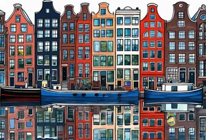 Amsterdam houses and Amsterdam canal featuring wildlife and birds made of glass in Amsterdam canal in space with pineapples tattoo idea