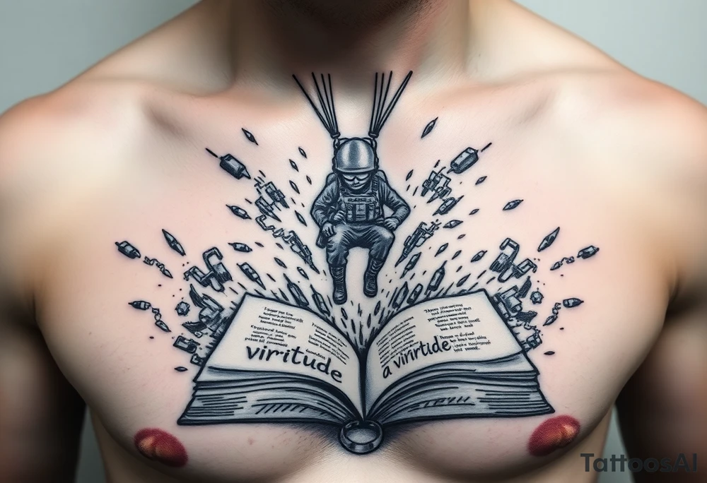 A parachuting soldier landing into an open book. Chaos surrounding, but the book is protecting the soldier from it. On the chest. Make it smaller. Thought provoking. 1936-2020- "No meio esta a virtude" underneath the book tattoo idea