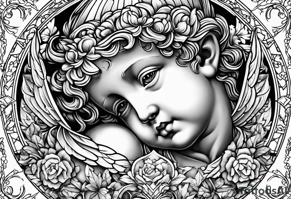renaissance style cherub geometric no border tattoo idea