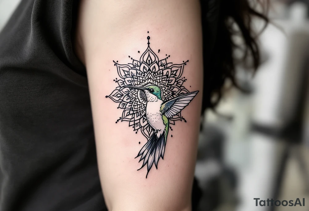 New school hummingbird centered in front of a mandala design tattoo idea