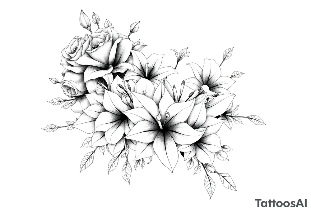 Arm and shoulder tattoo including roses, Lilly’s, and other beautiful flowers tattoo idea