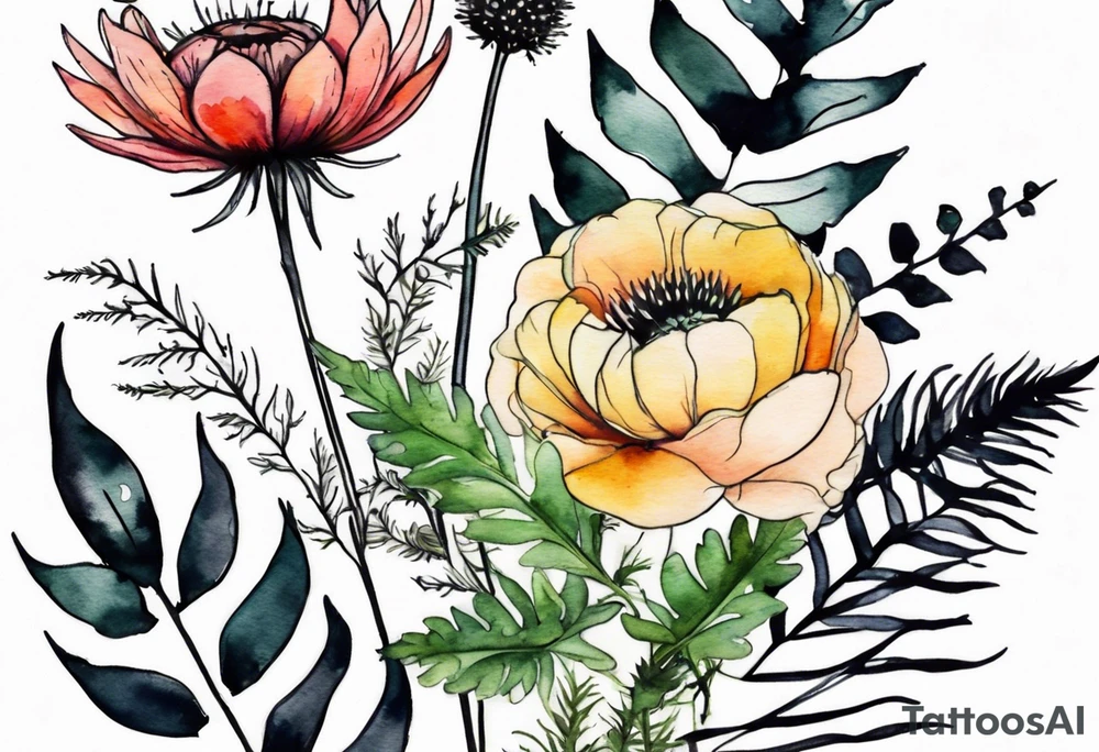 vertical mixed wildflower bouquet with ferns, ranunculus, thistle and with watercolor tattoo idea