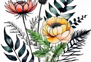 vertical mixed wildflower bouquet with ferns, ranunculus, thistle and with watercolor tattoo idea