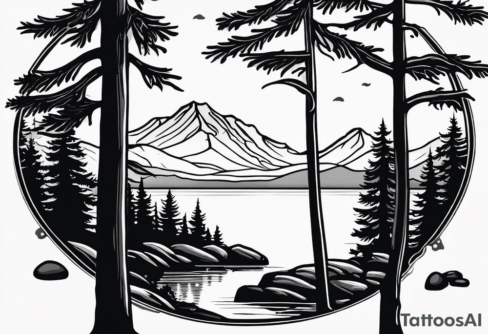 shoulder/upper arm design. pebble beach on a lakefront with a lake surrounded by tall trees and a mountain backdrop. Has reflections across the lakewater tattoo idea