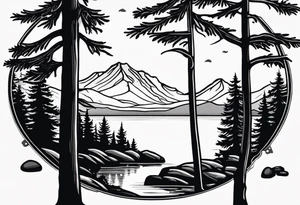 shoulder/upper arm design. pebble beach on a lakefront with a lake surrounded by tall trees and a mountain backdrop. Has reflections across the lakewater tattoo idea
