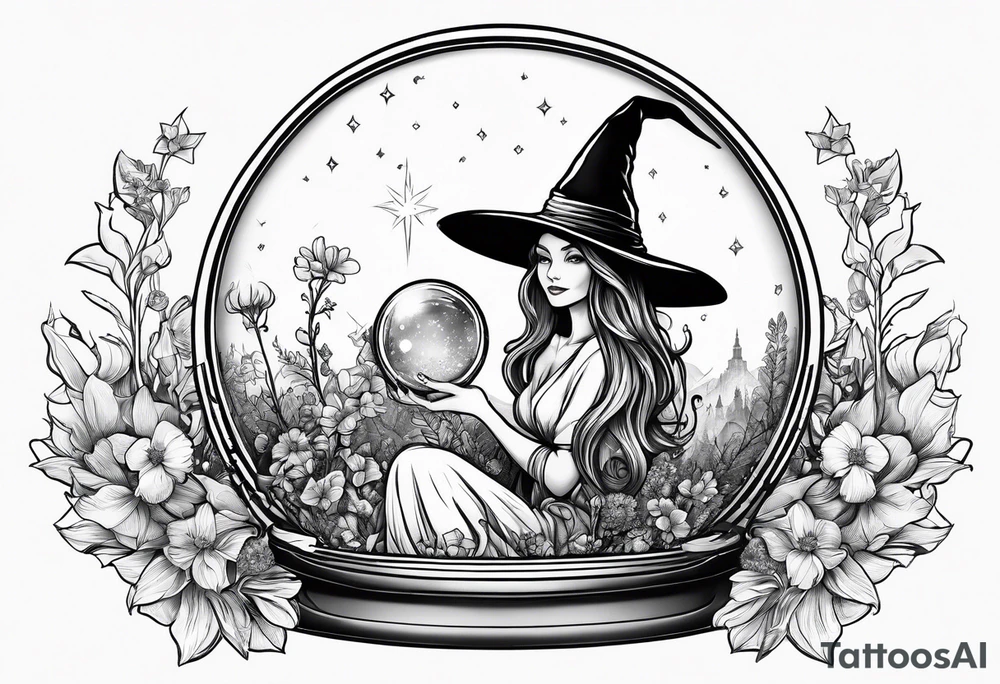 Witch hat sitting on top of a crystal ball sitting on wildflowers tattoo idea